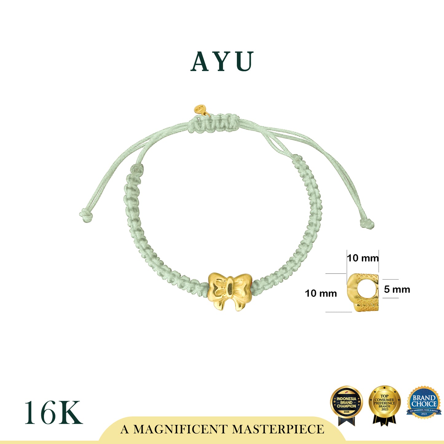 AYU Puffy Ribbon Charm With Braided Cord Bracelet 16k Yellow Gold