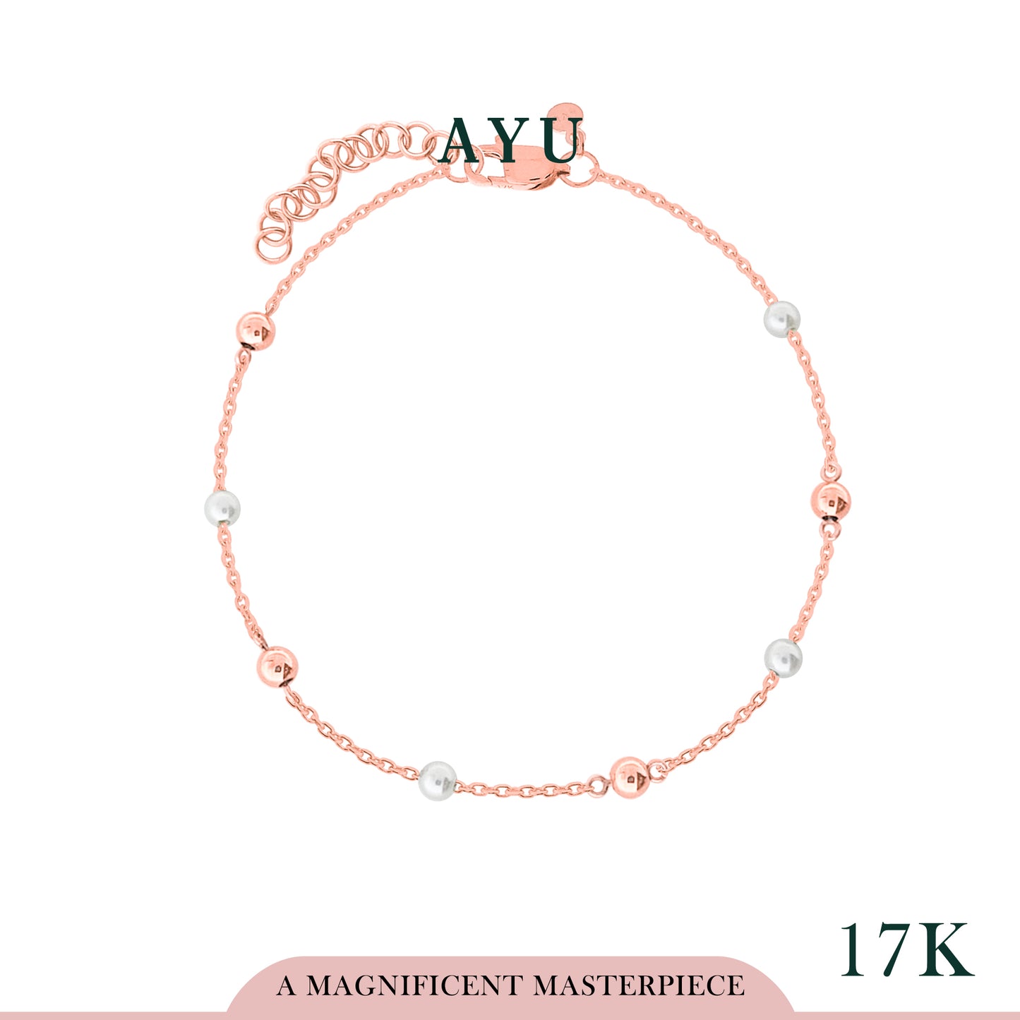 AYU Gelang Emas - Gold Boba With Pearl Chain Bracelet 17k Rose Gold
