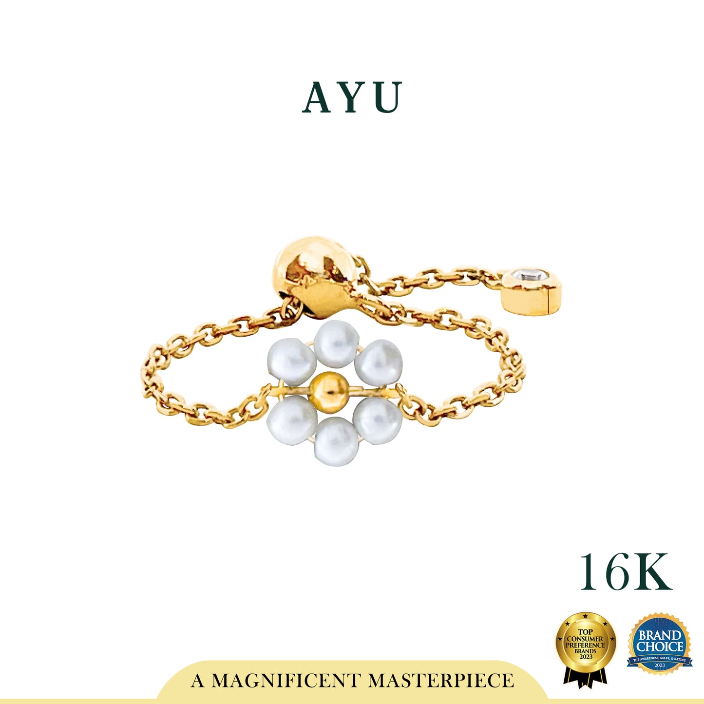 AYU Cincin Emas - Beaded Pearl Flower Adjustable Ring 16k Yellow Gold