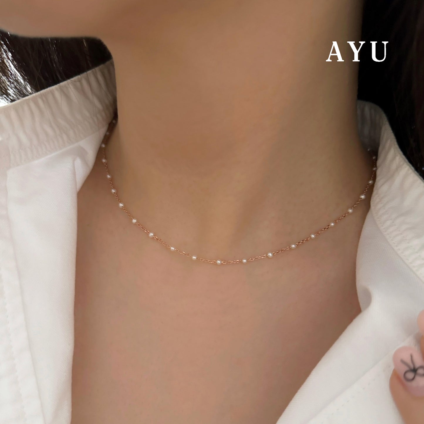 AYU Kalung Emas - Mini Pearl Chain Necklace 17K Rose Gold
