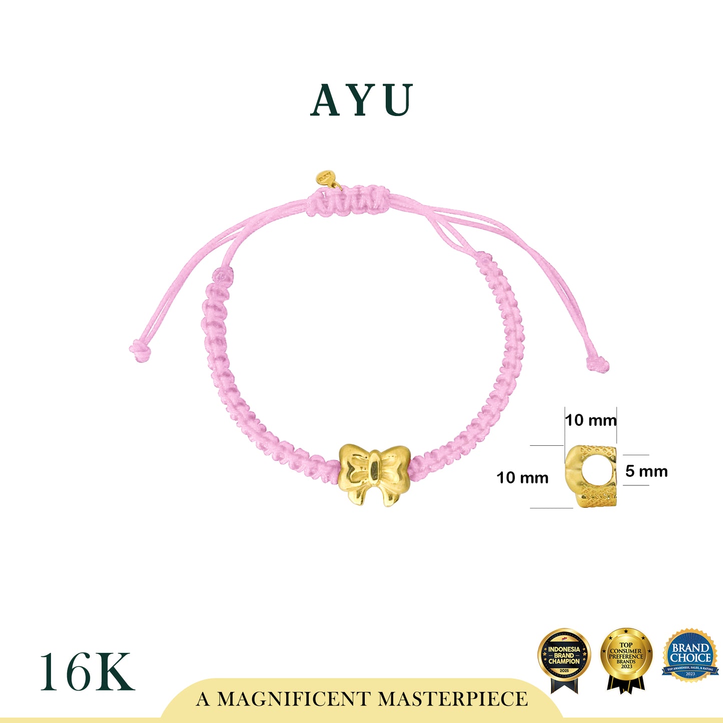 AYU Puffy Ribbon Charm With Braided Cord Bracelet 16k Yellow Gold