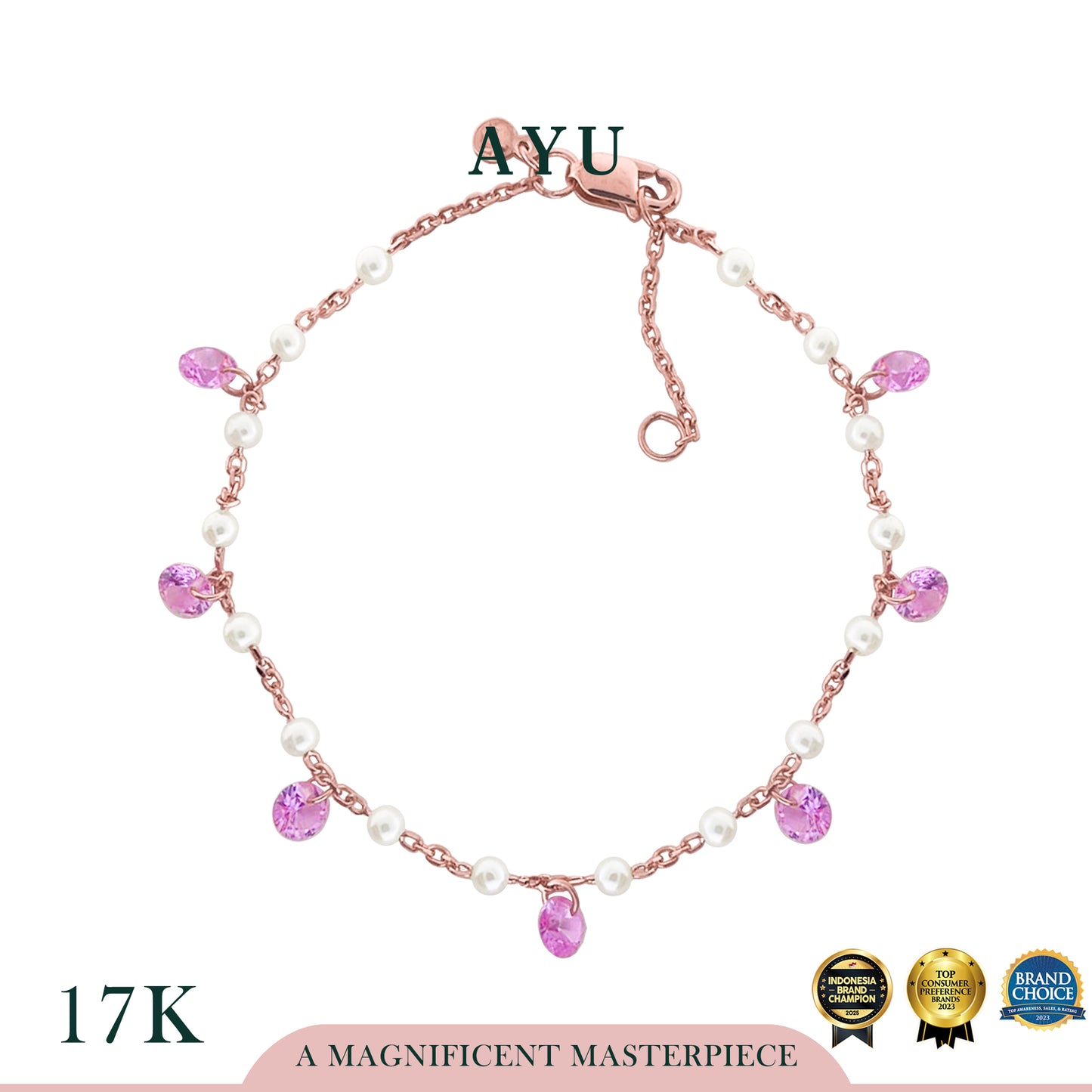 AYU Gelang Emas - Mini Pearl With Candy Pop Pastel Pink Chain Bracelet 17k Rose Gold