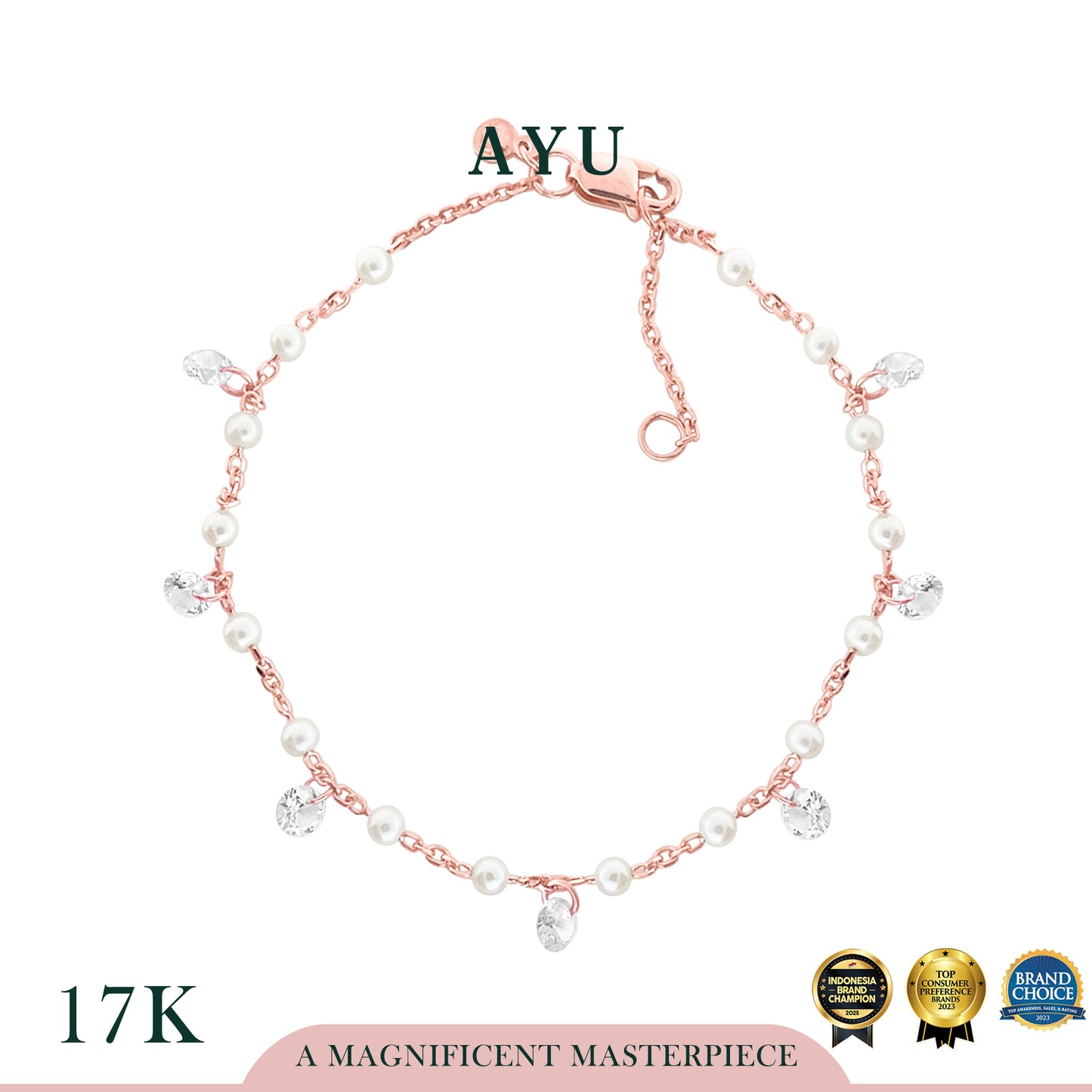 AYU Gelang Emas - Mini Pearl With Candy Pop Chain Bracelet 17k Rose Gold