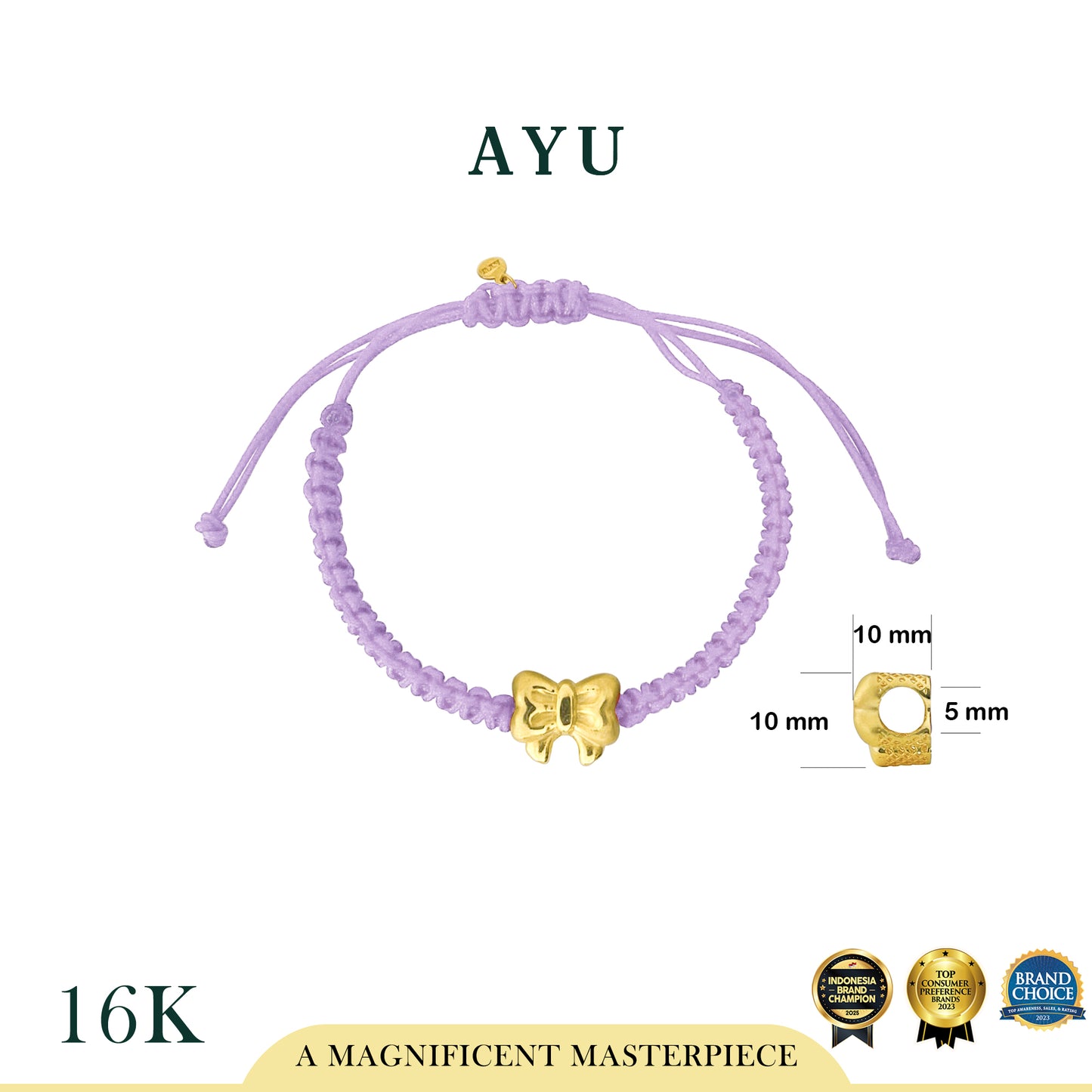 AYU Puffy Ribbon Charm With Braided Cord Bracelet 16k Yellow Gold