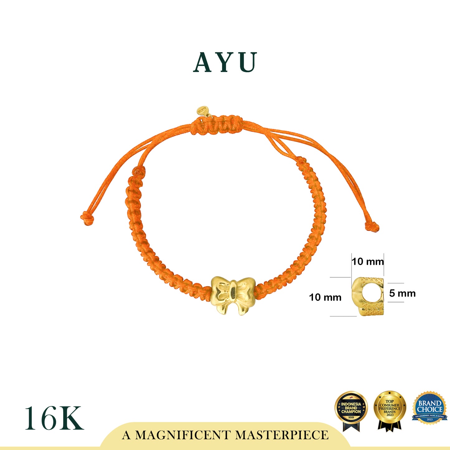AYU Puffy Ribbon Charm With Braided Cord Bracelet 16k Yellow Gold