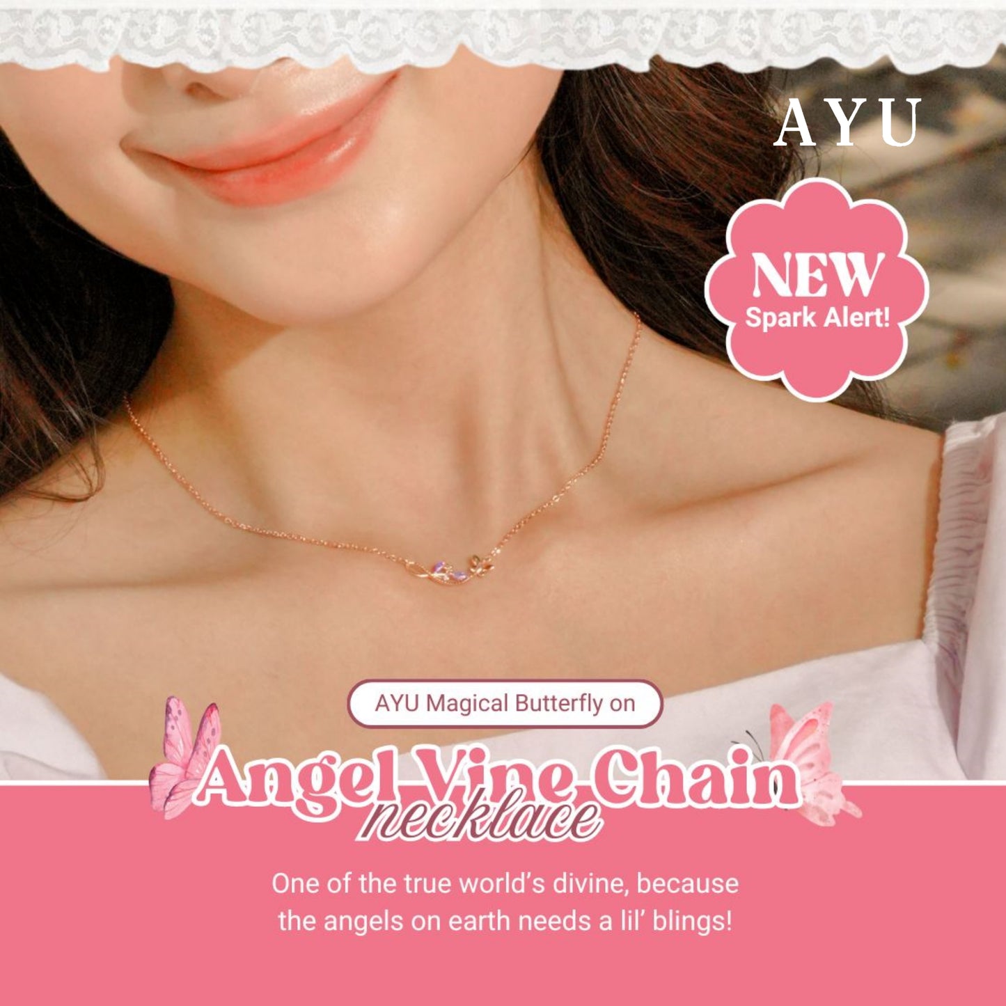 AYU Kalung Emas - Magical Butterfly On Angel Vine Chain Necklace 17k Rose Gold