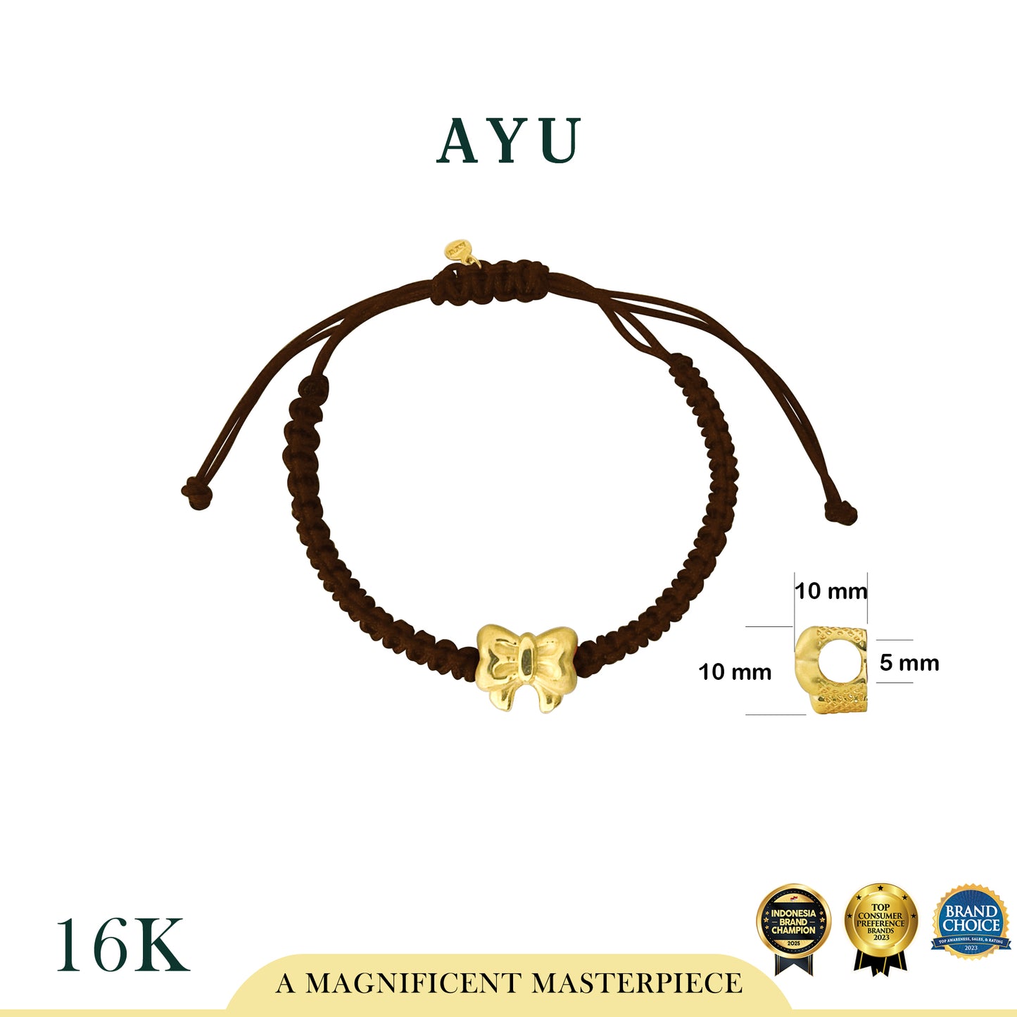 AYU Puffy Ribbon Charm With Braided Cord Bracelet 16k Yellow Gold