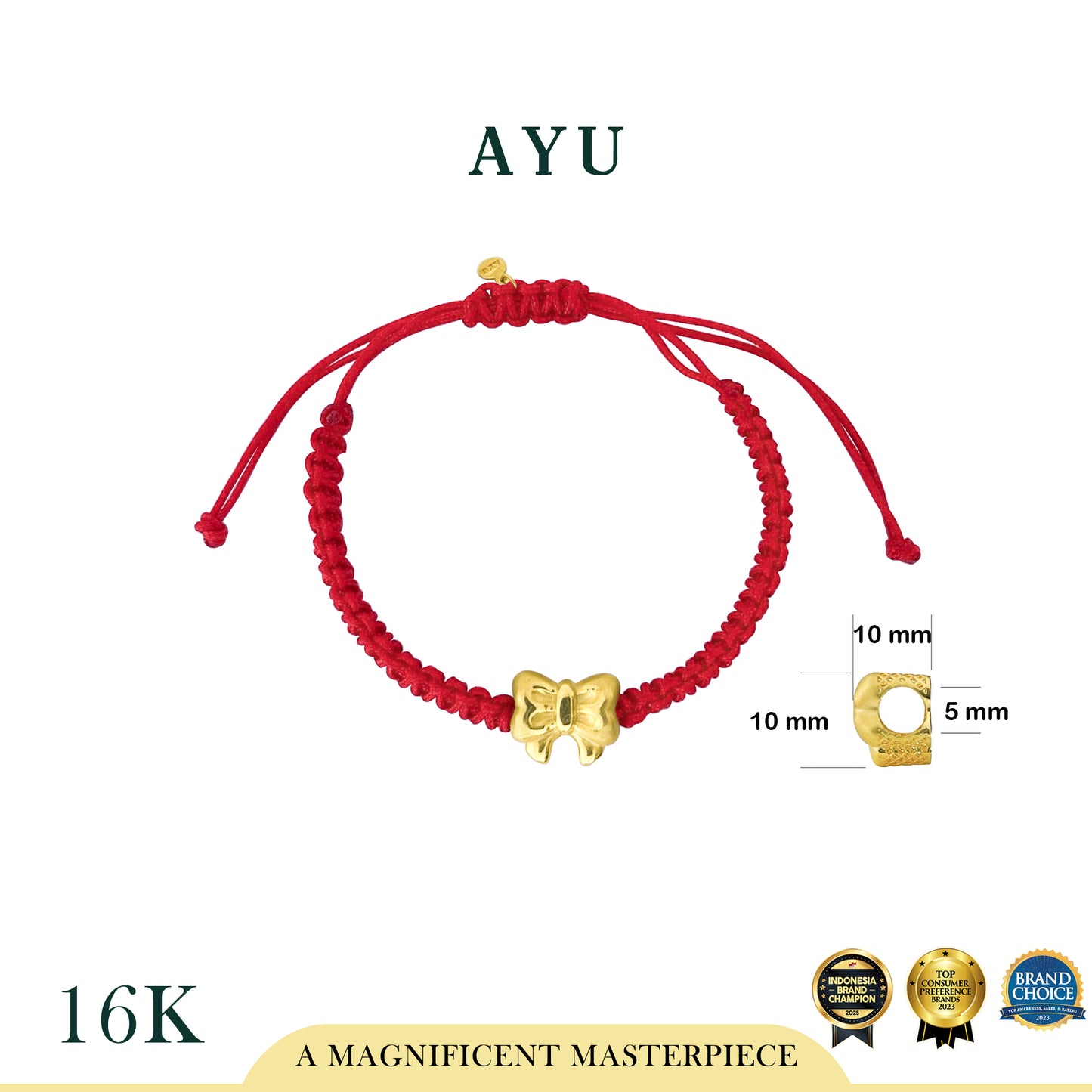 AYU Puffy Ribbon Charm With Braided Cord Bracelet 16k Yellow Gold
