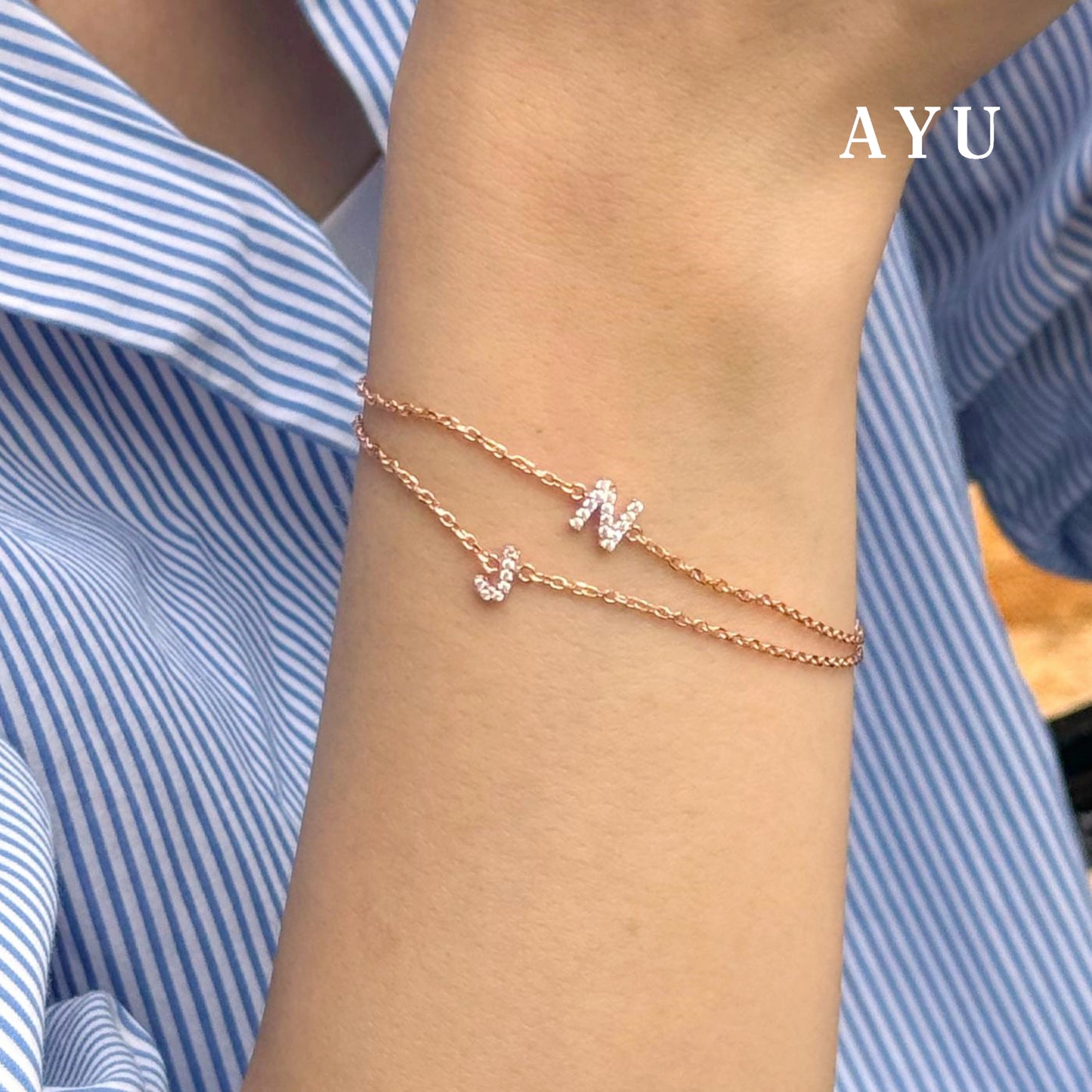 AYU Pave Initial Chain Bracelet 17k Rose Gold