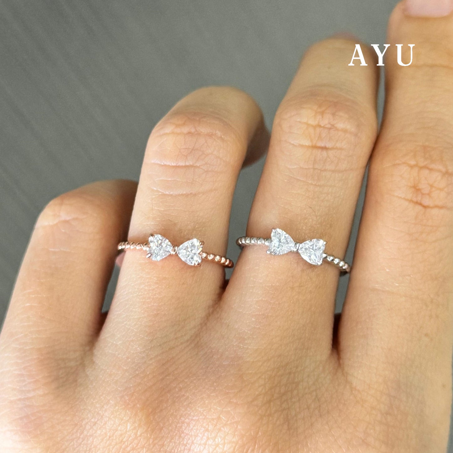 AYU Cincin Emas - Bow Hearts With Beaded Ring 17K White Gold