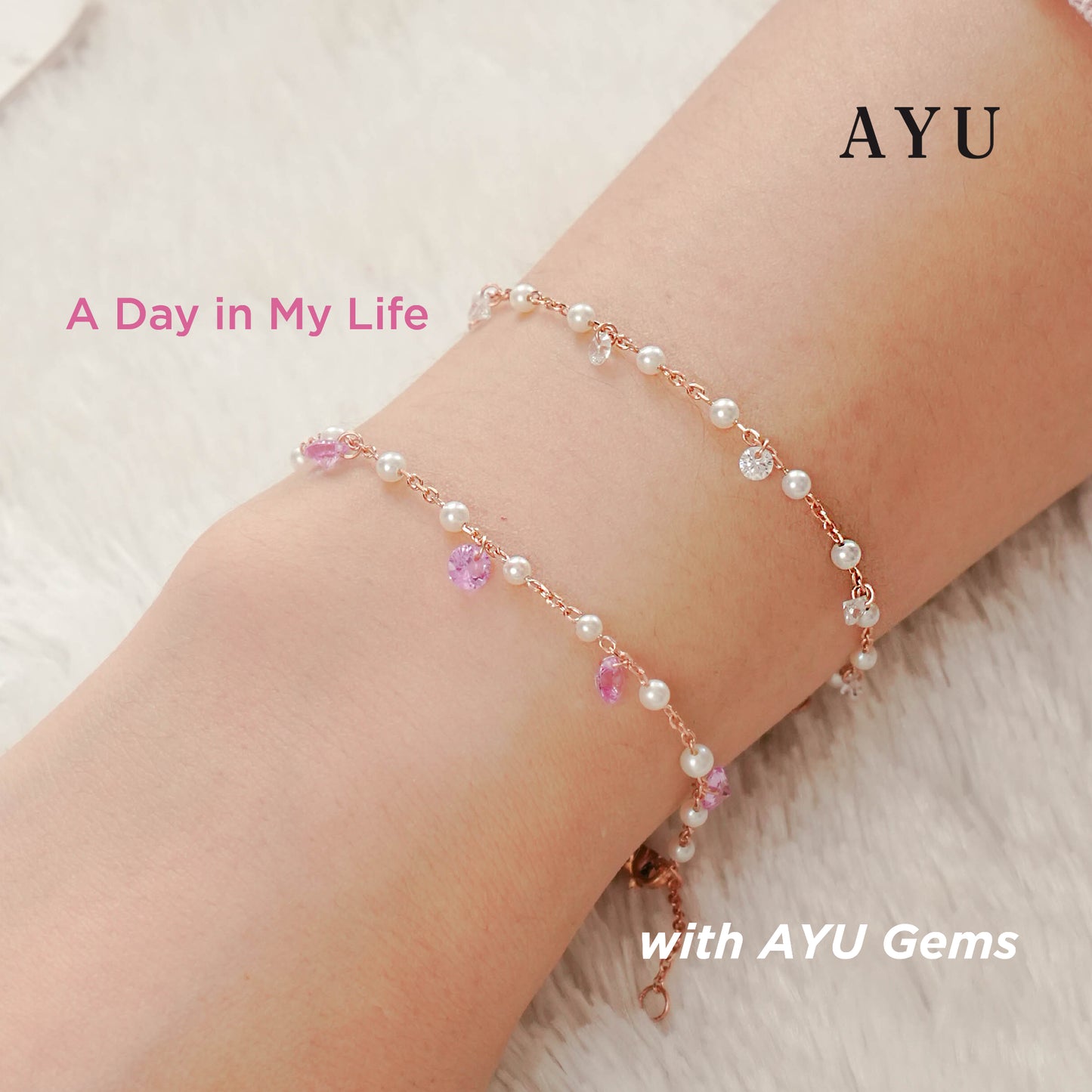 AYU Gelang Emas - Mini Pearl With Candy Pop Chain Bracelet 17k Rose Gold