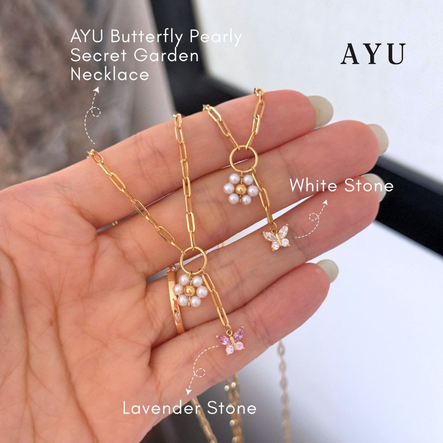 AYU Kalung Emas - Butterfly Pearly Secret Garden Necklace 17k Rose Gold