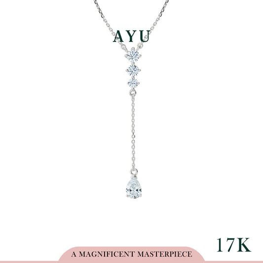 AYU 3 Mini Solitaire With Teardrop Lariat Chain Necklace 17k