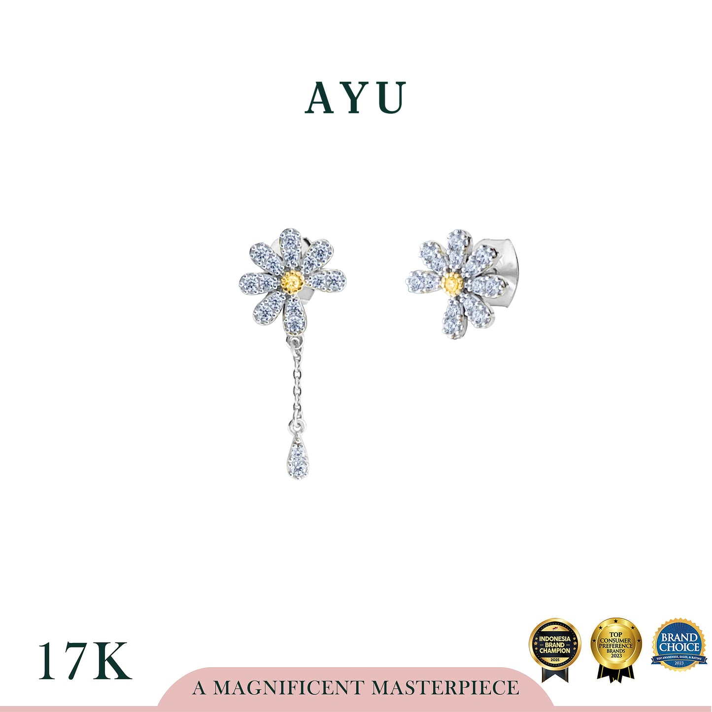 AYU Anting Emas - G Daisy Studs With Chain 17k White Gold