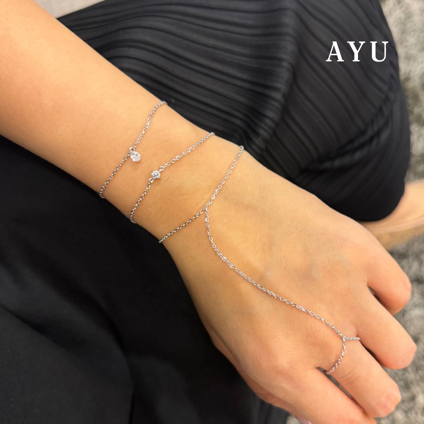AYU Gelang Emas - Mini Solitaire Double Layer Hand Chain Bracelet 17k White Gold