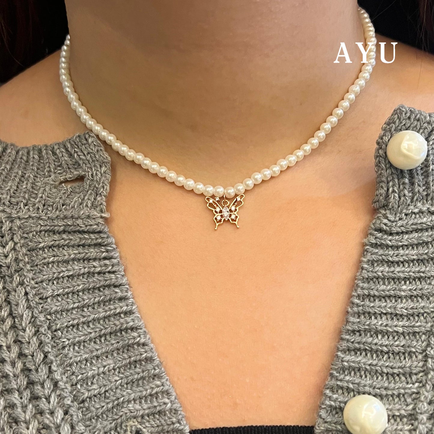 AYU Kalung Korea - Butterfly Marquis Charm With Beaded Manik Necklace 17k Rose Gold