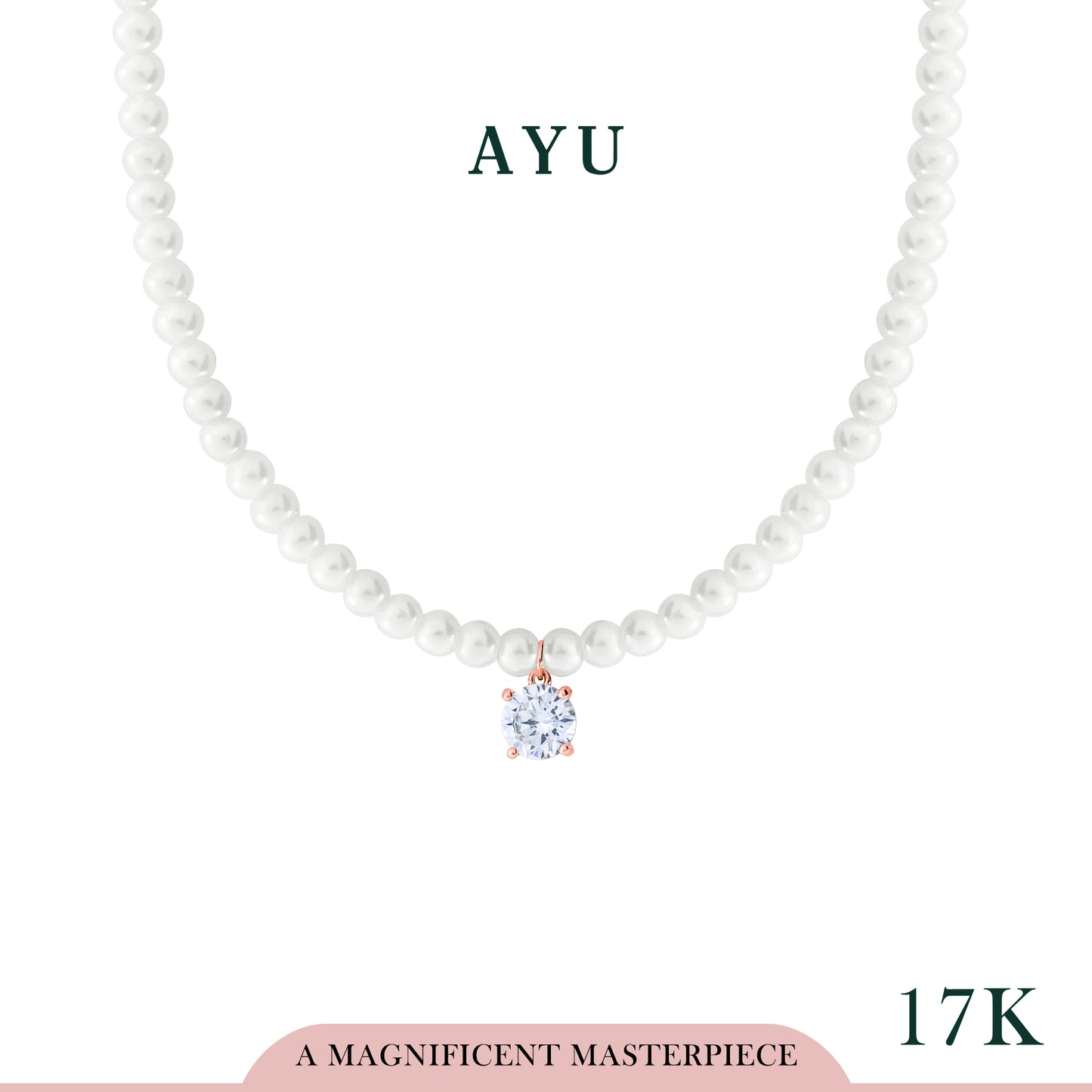 AYU Kalung Korea - Round Solitaire Charm With Beaded Manik Necklace 17k Rose Gold