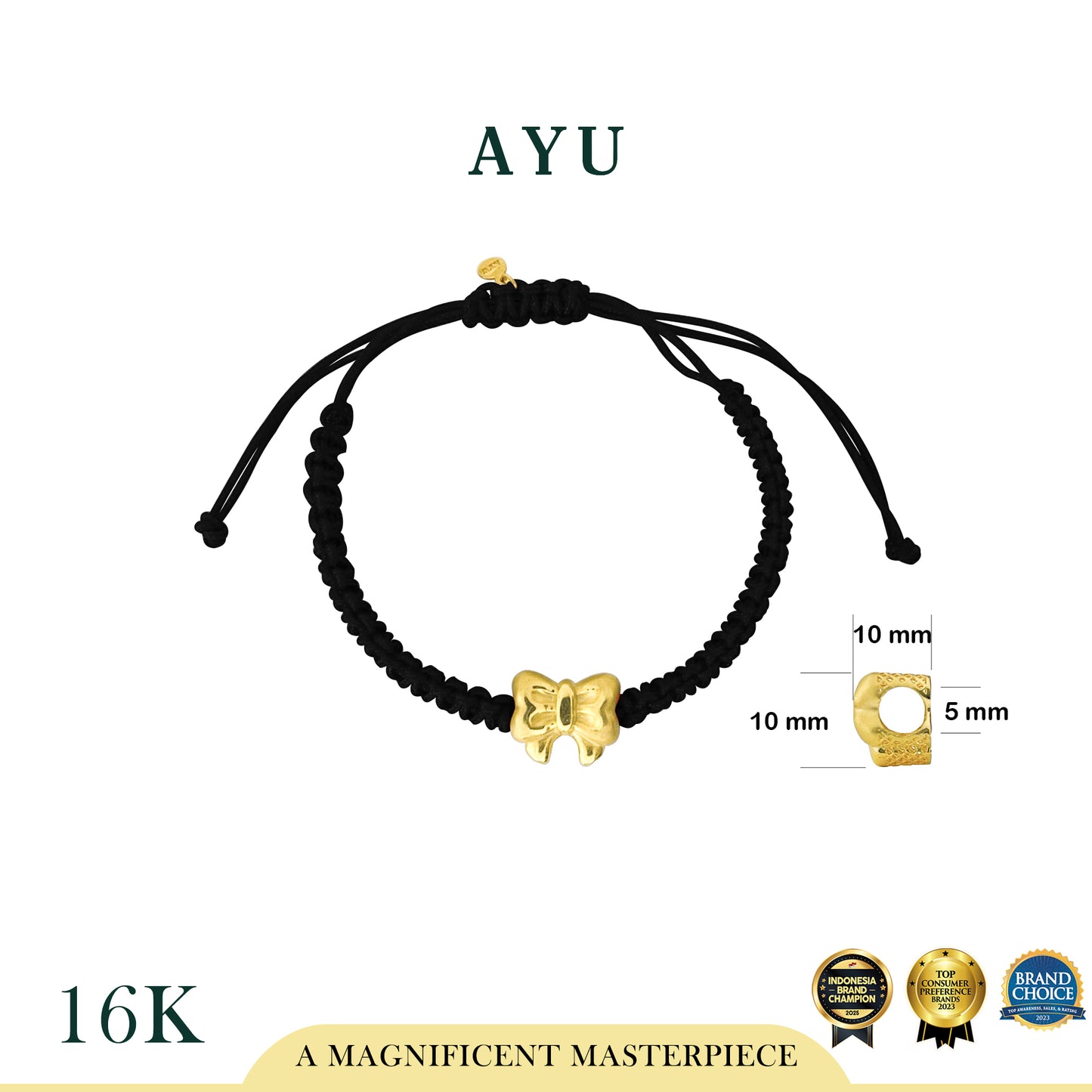 AYU Puffy Ribbon Charm With Braided Cord Bracelet 16k Yellow Gold
