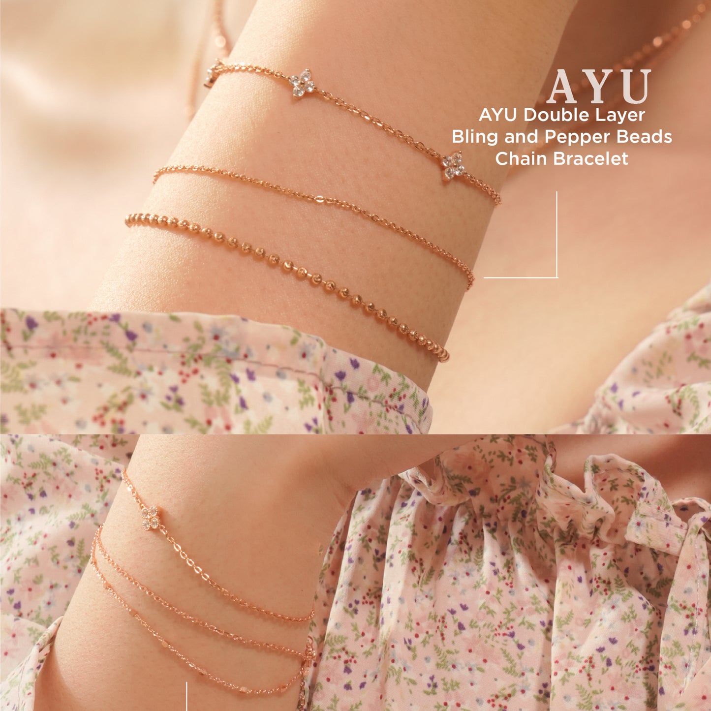 AYU Double Layer Pepper Beads And Trixie Chain Bracelet 17k Rose Gold