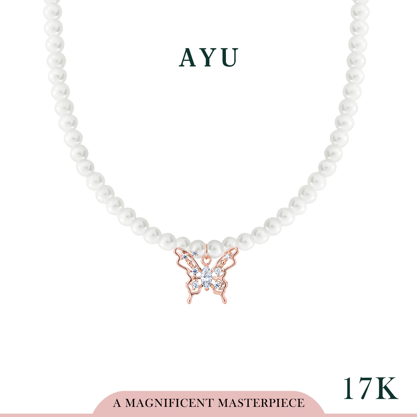 AYU Kalung Korea - Butterfly Marquis Charm With Beaded Manik Necklace 17k Rose Gold
