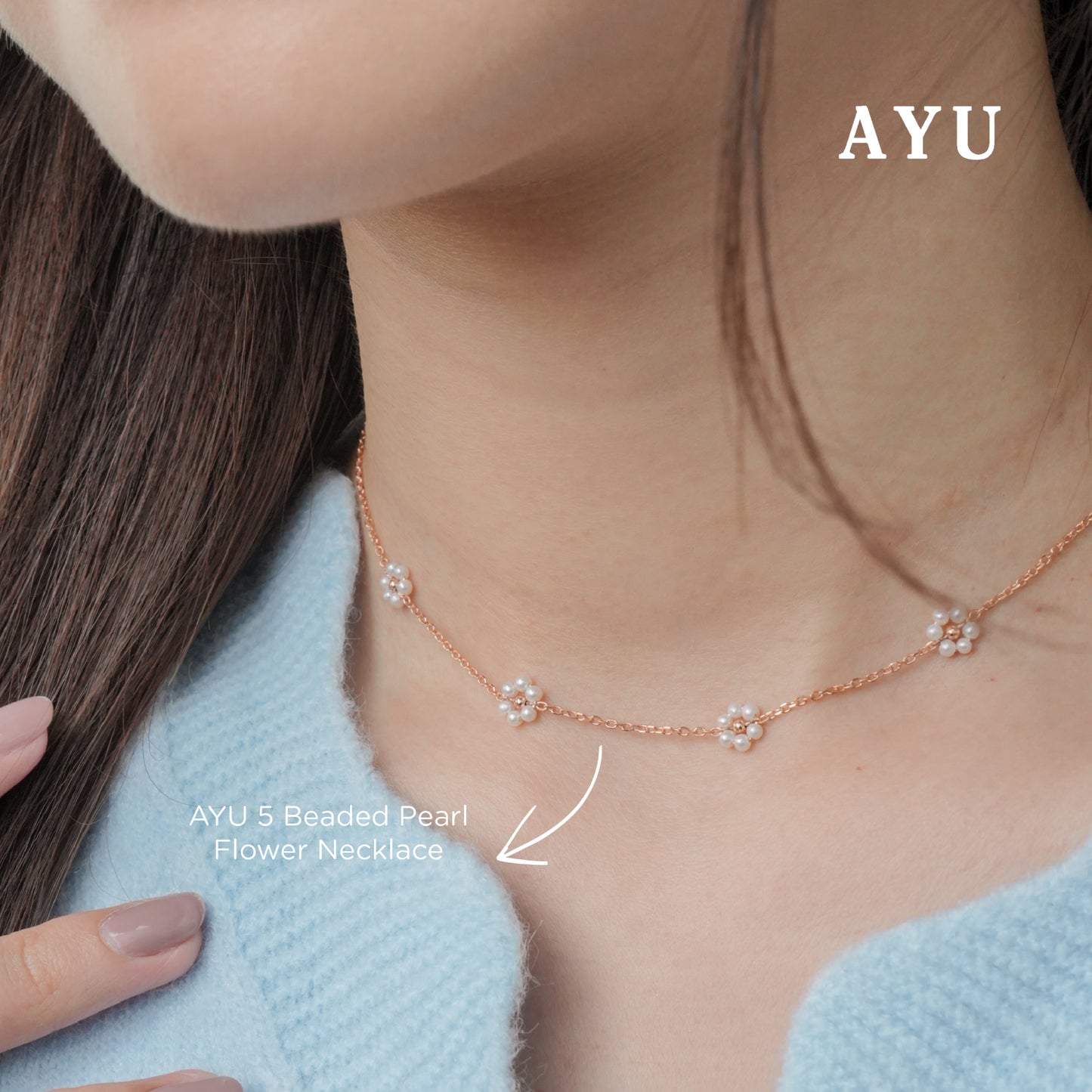 AYU Kalung Emas - Small 5 Beaded Pearl Flower Necklace 16k Yellow Gold