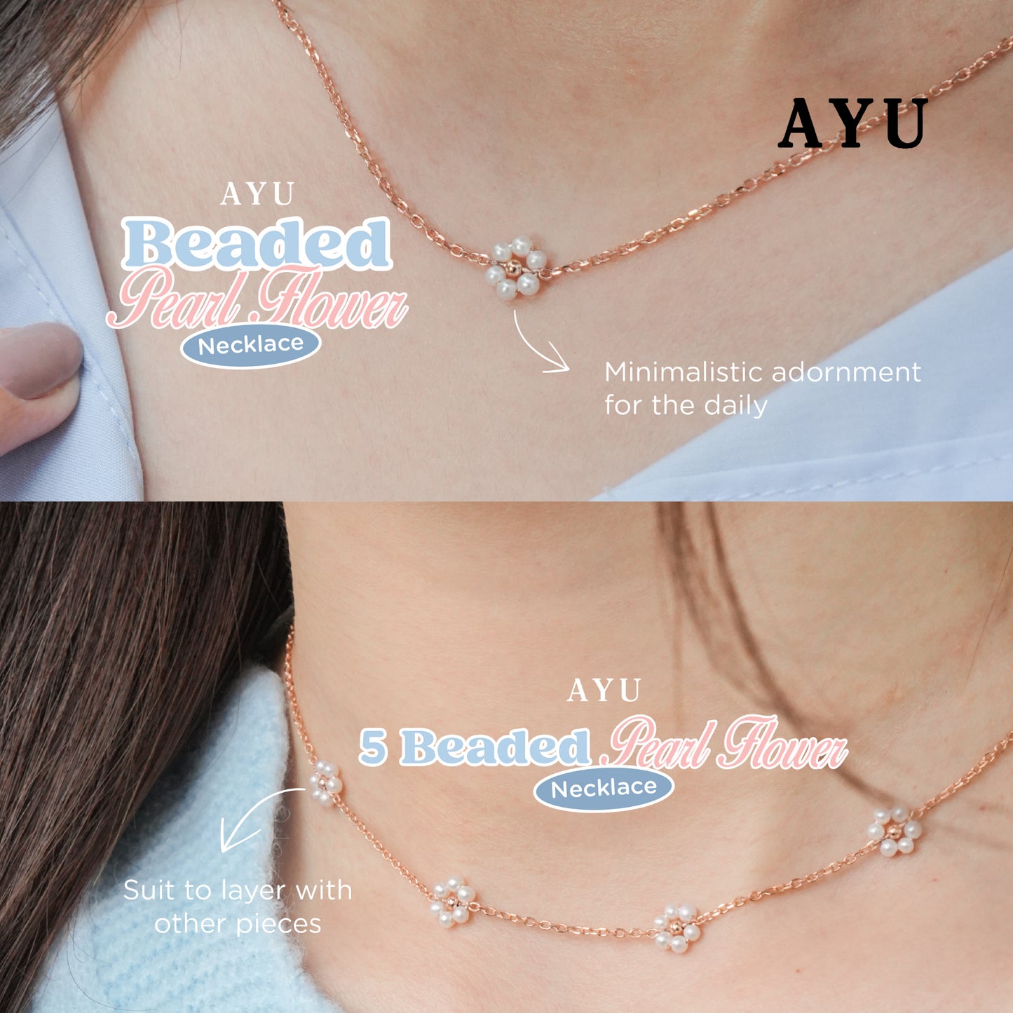 AYU Kalung Emas - Small Beaded Pearl Flower Necklace 16k Yellow Gold