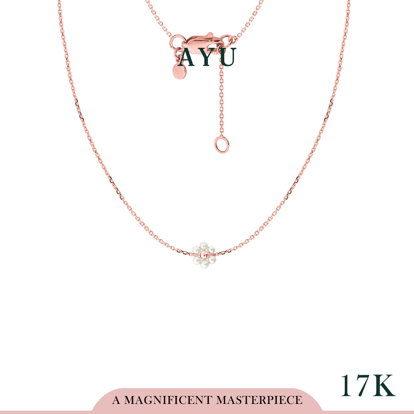 AYU Kalung Emas - Small Beaded Pearl Flower Necklace 17k Rose Gold