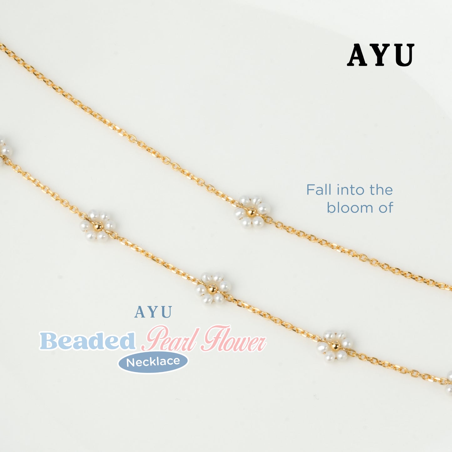 AYU Kalung Emas - Small 5 Beaded Pearl Flower Necklace 16k Yellow Gold