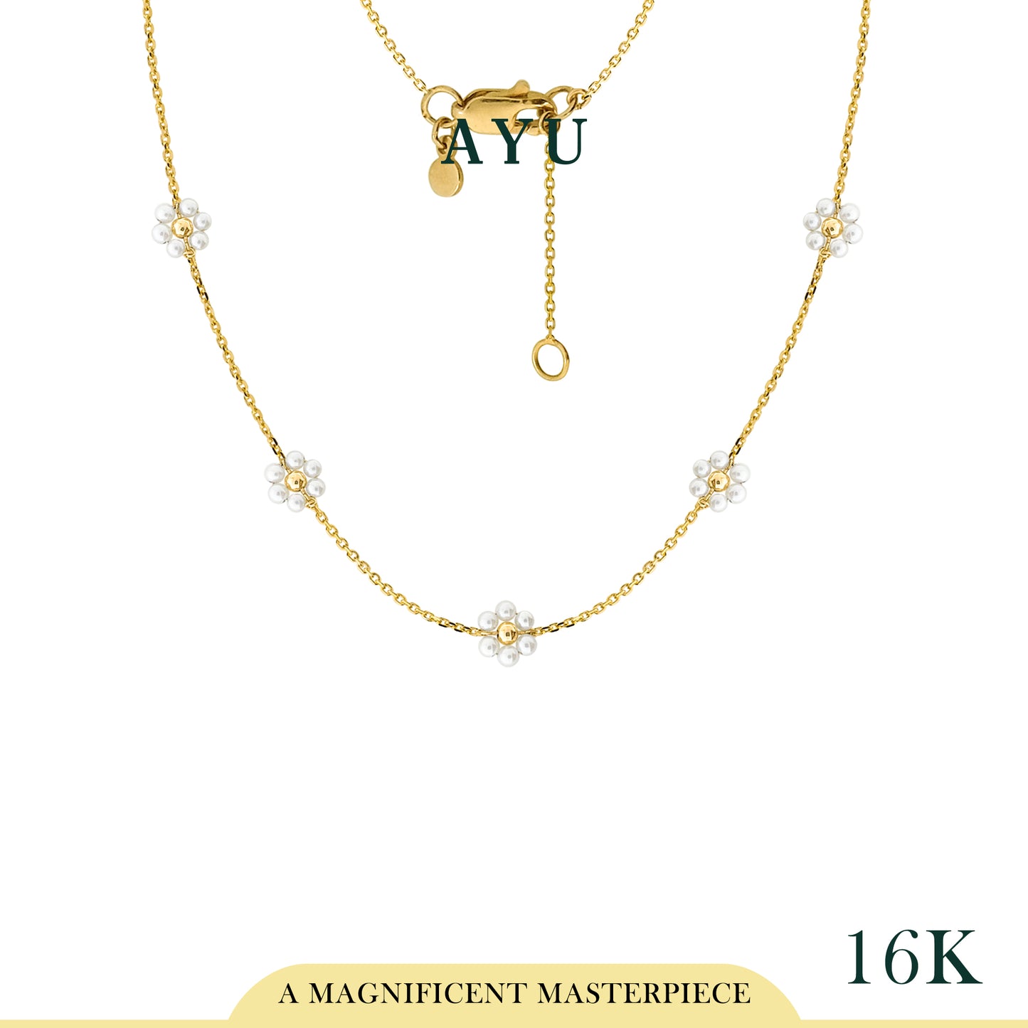 AYU Kalung Emas - Small 5 Beaded Pearl Flower Necklace 16k Yellow Gold