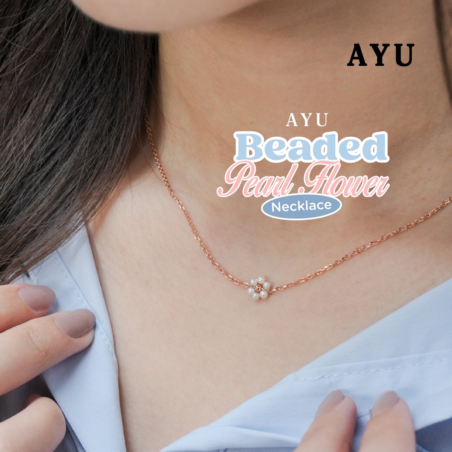 AYU Kalung Emas - Small Beaded Pearl Flower Necklace 16k Yellow Gold