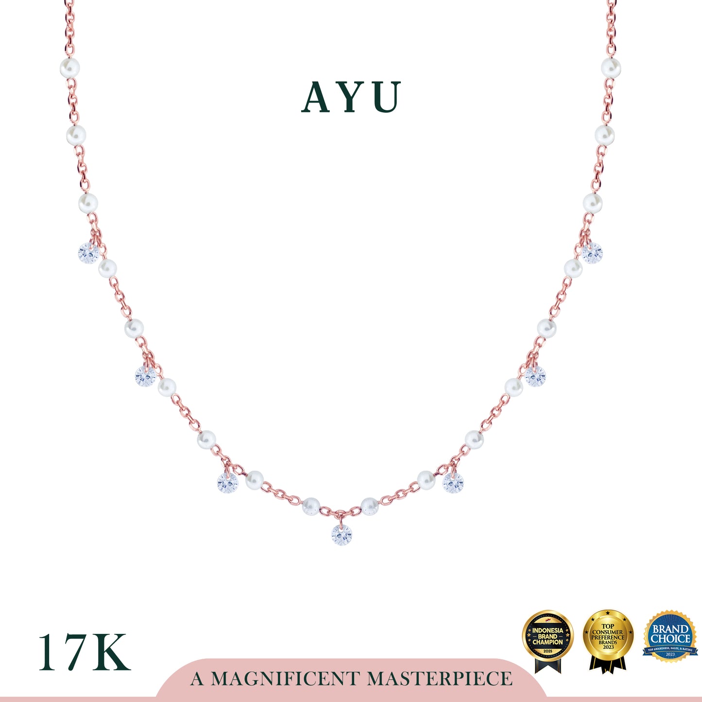 AYU Kalung Emas - Mini Pearl With Candy Pop Chain Necklace 17k Rose Gold