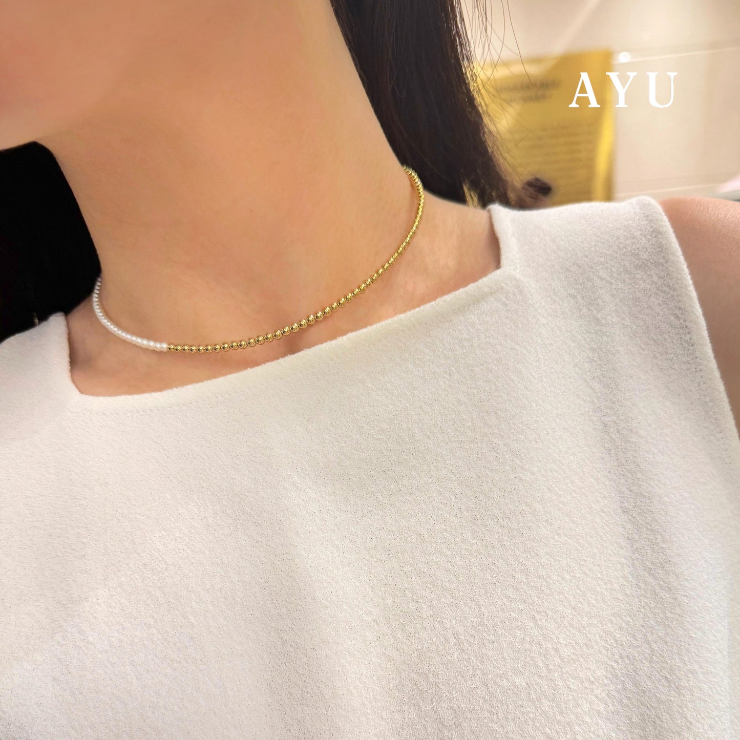 AYU Kalung Emas - Undecided Boba And Pearl Choker Necklace 17k Rose Gold