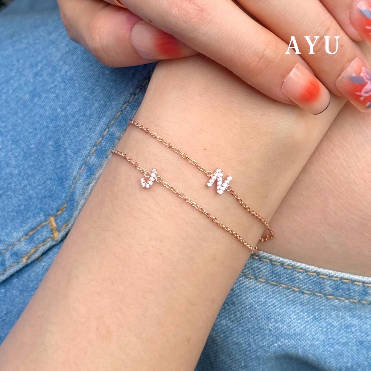 AYU Pave Initial Chain Bracelet 17k Rose Gold