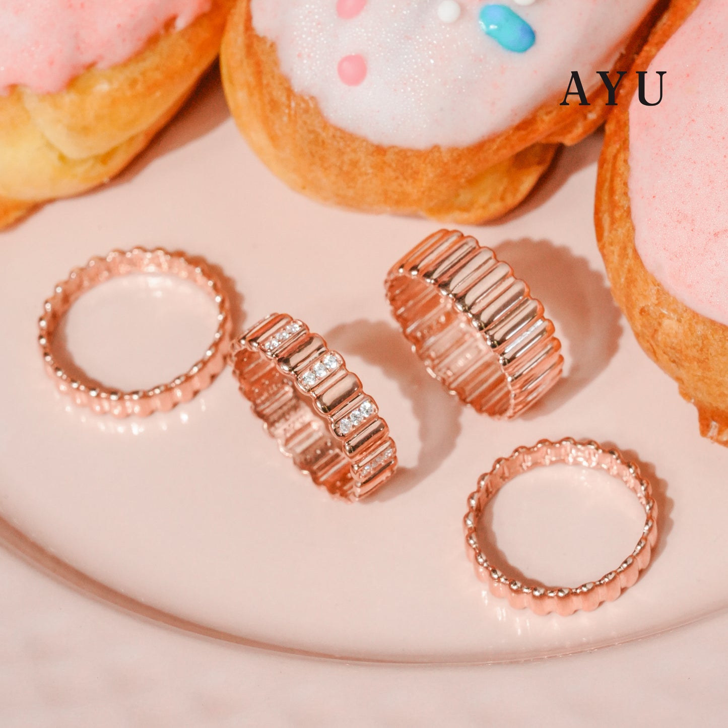 AYU Cincin Emas - Small Gold Eclaire Stack 17k Rose Gold