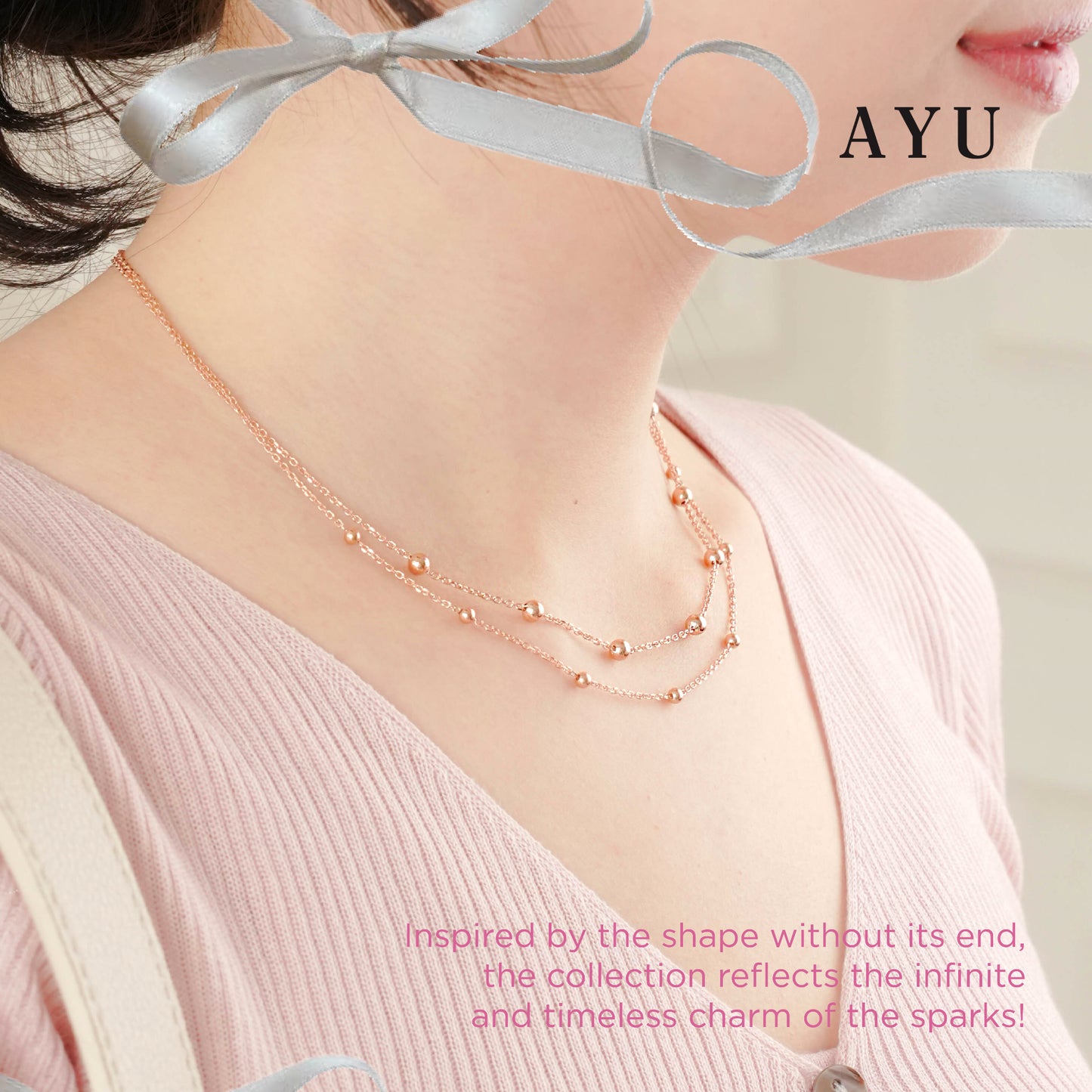 AYU Kalung Emas - Boba Party Double Layer Necklace 17k Rose Gold