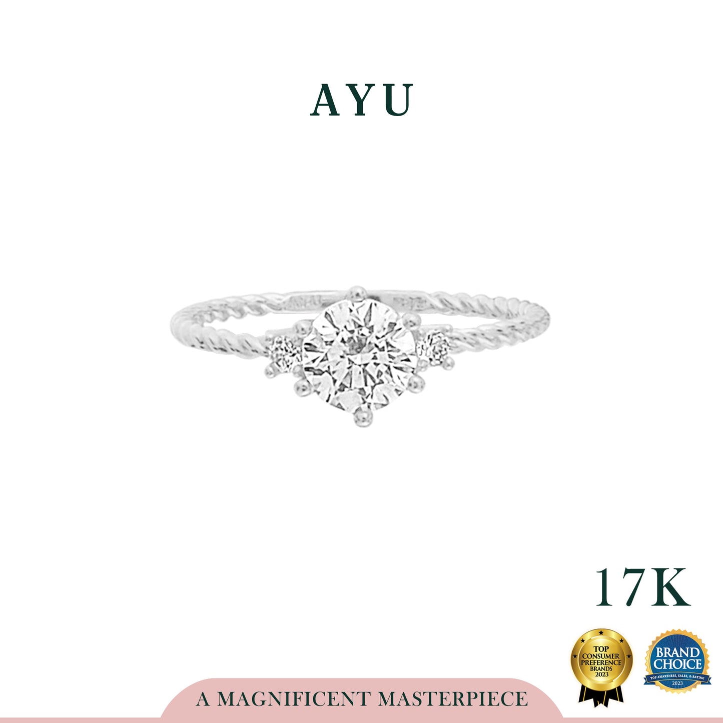 AYU Cincin Emas - 3 Stones Twist Ring 17K White Gold