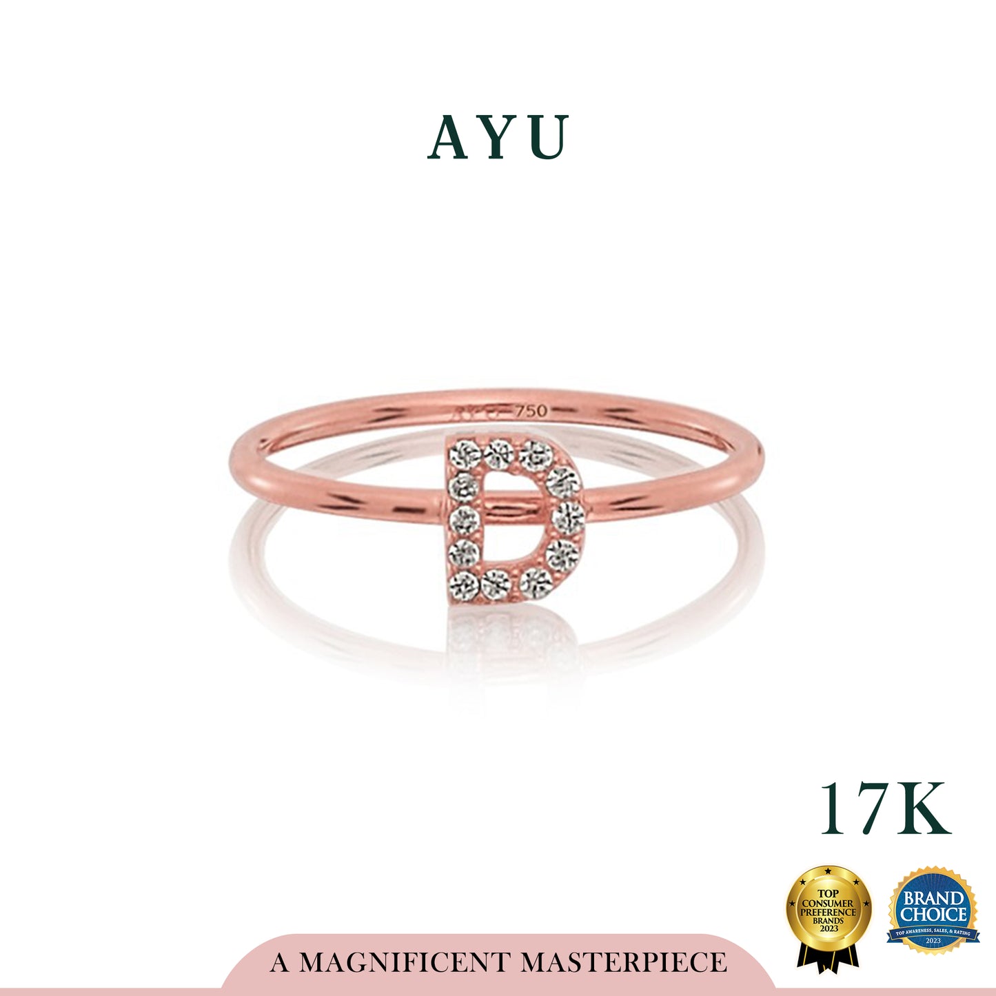AYU Cincin Emas - Pave Initial Ring 17K Rose Gold