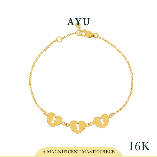 AYU Gelang Emas - 3 Golden Heart Lock Bracelet 16K Yellow Gold