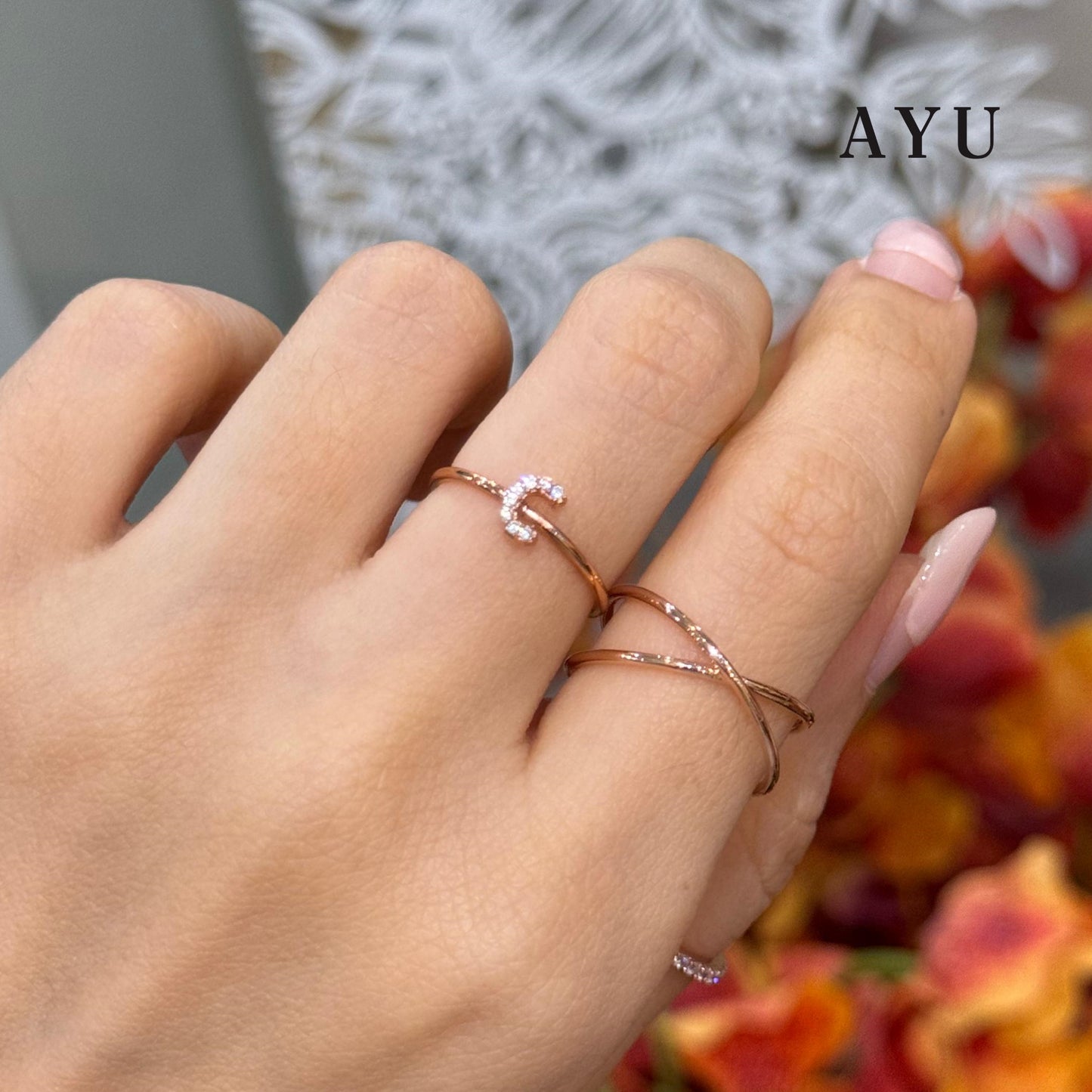 AYU Cincin Emas - Pave Initial Ring 17K Rose Gold