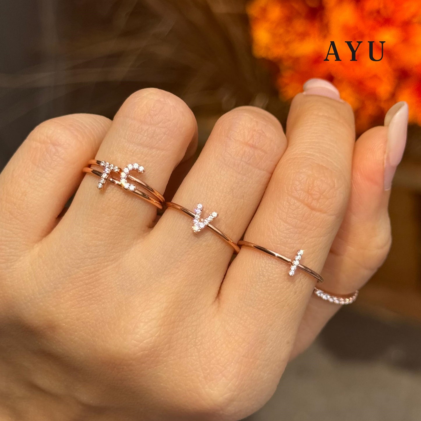 AYU Cincin Emas - Pave Initial Ring 17K Rose Gold