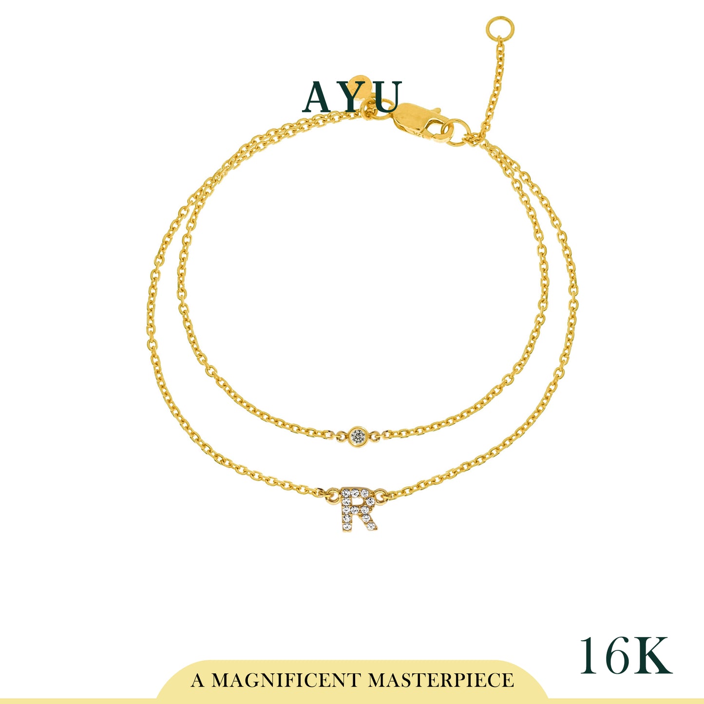 AYU Gelang Emas - Pave Initial Double Layer With Bezel Chain Bracelet 16K Yellow Gold