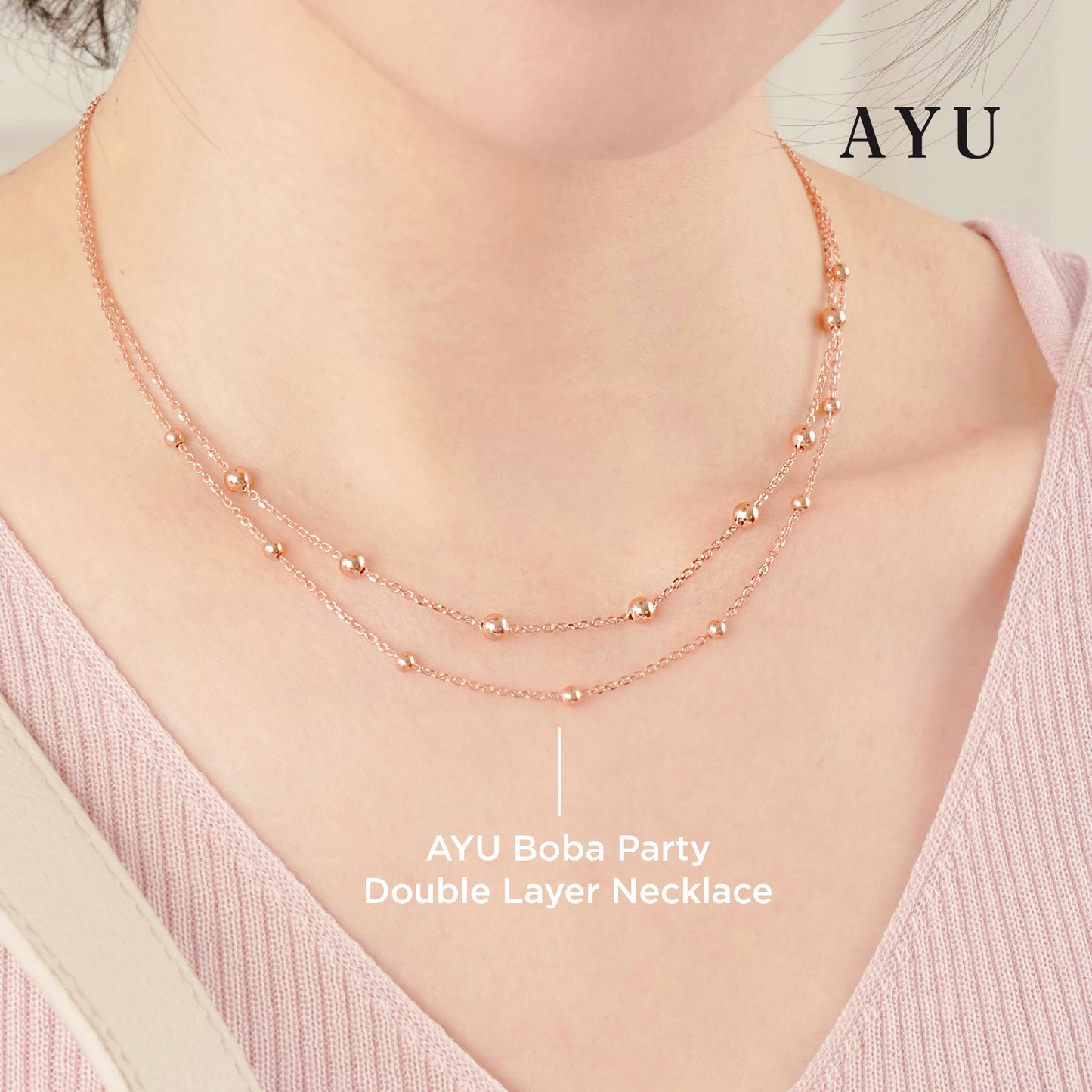 AYU Kalung Emas - Boba Party Double Layer Necklace 17k Rose Gold