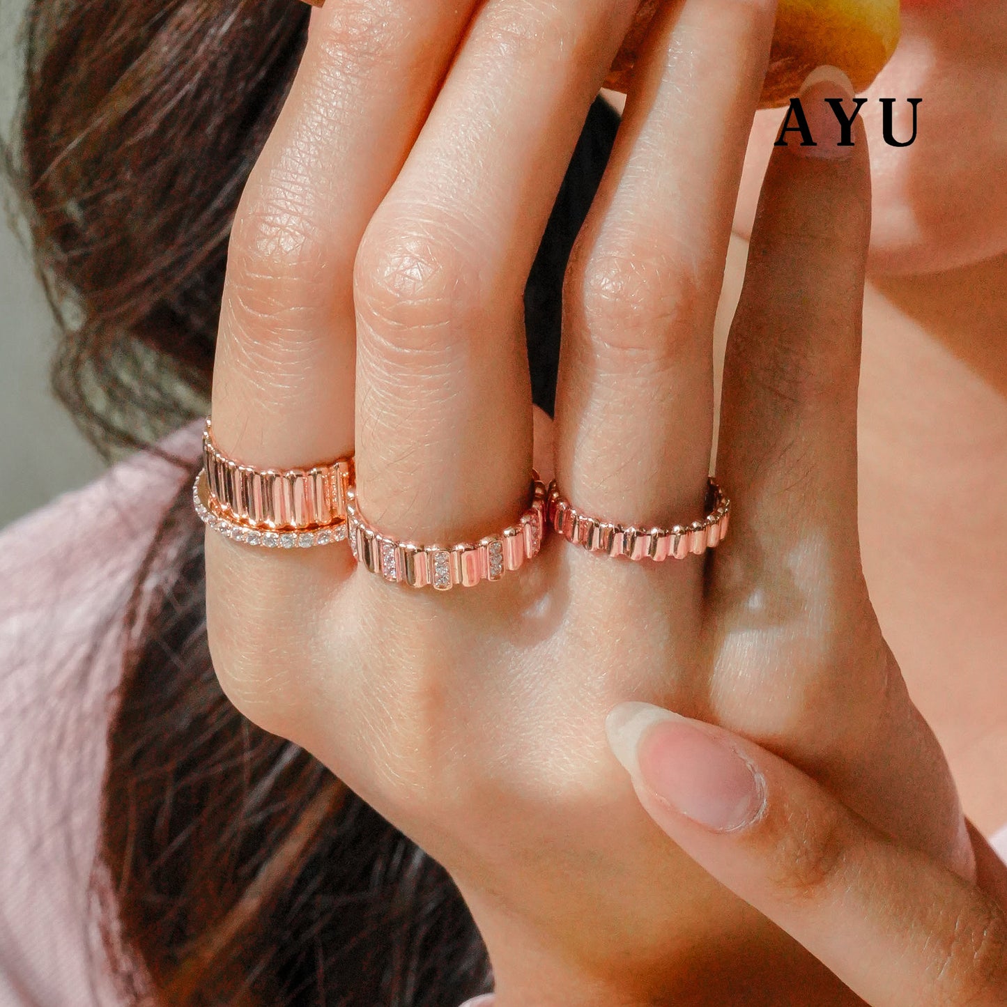 AYU Cincin Emas - Small Gold Eclaire Stack 17k Rose Gold