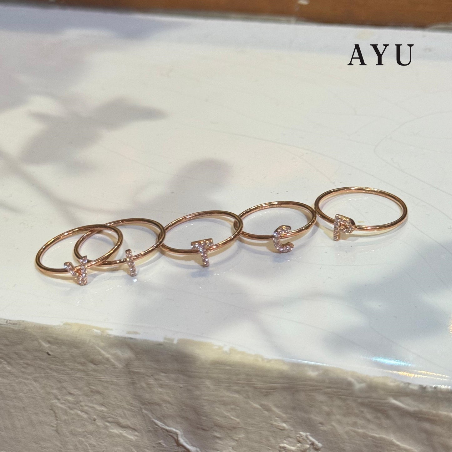 AYU Cincin Emas - Pave Initial Ring 17K Rose Gold