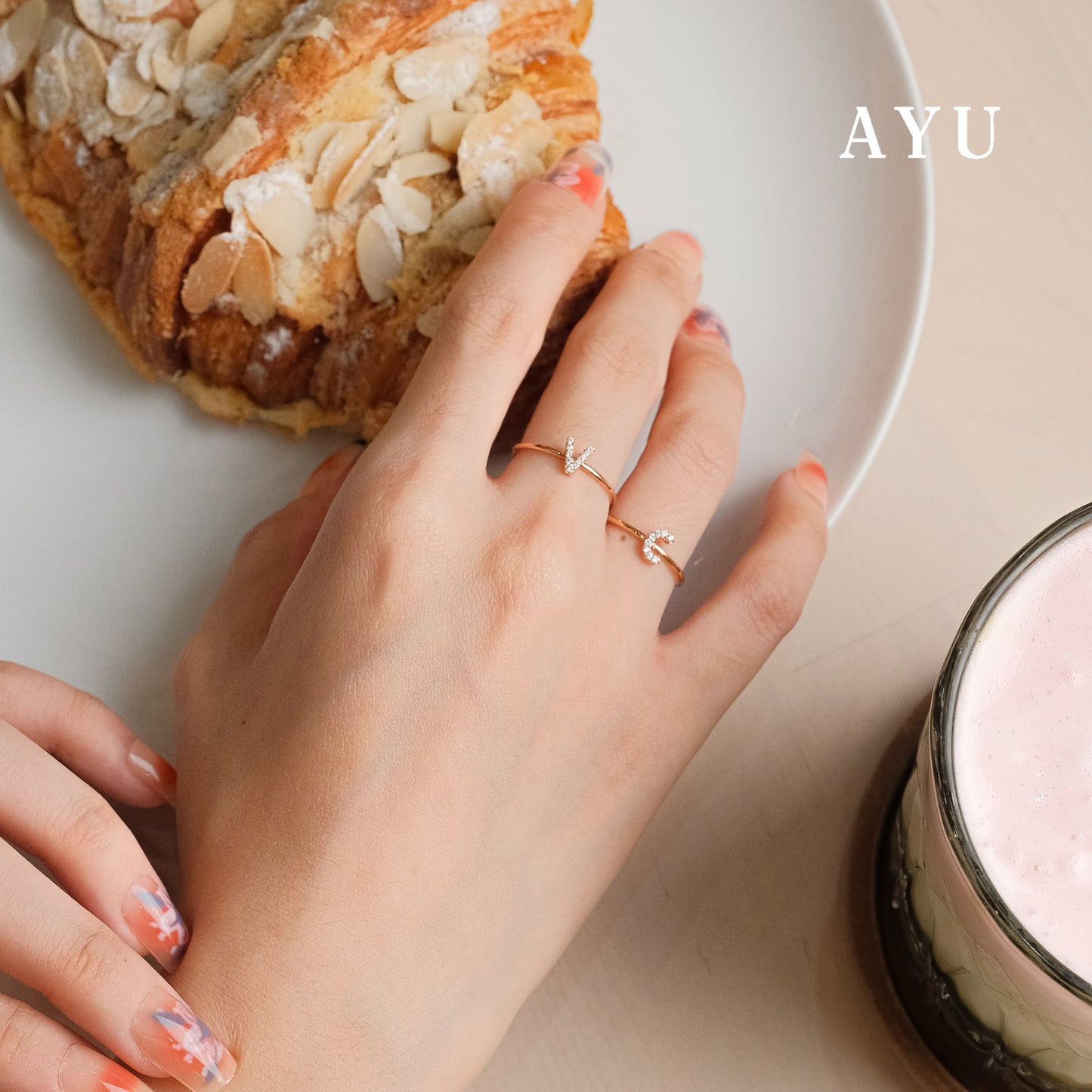 AYU Cincin Emas - Pave Initial Ring 17K Rose Gold