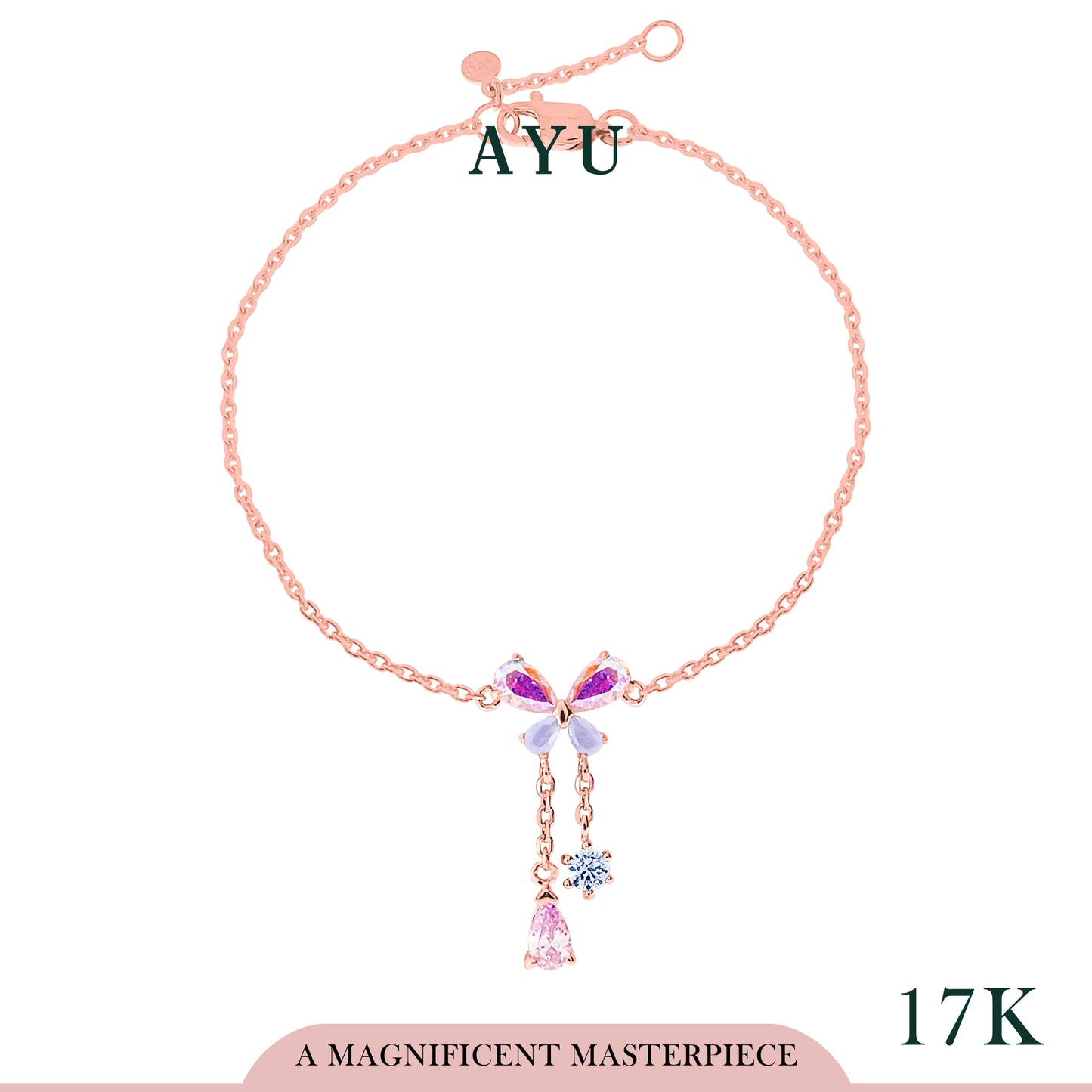 AYU Gelang Emas - Magical Butterfly With Teardrop Lariat Chain Bracelet 17k Rose Gold