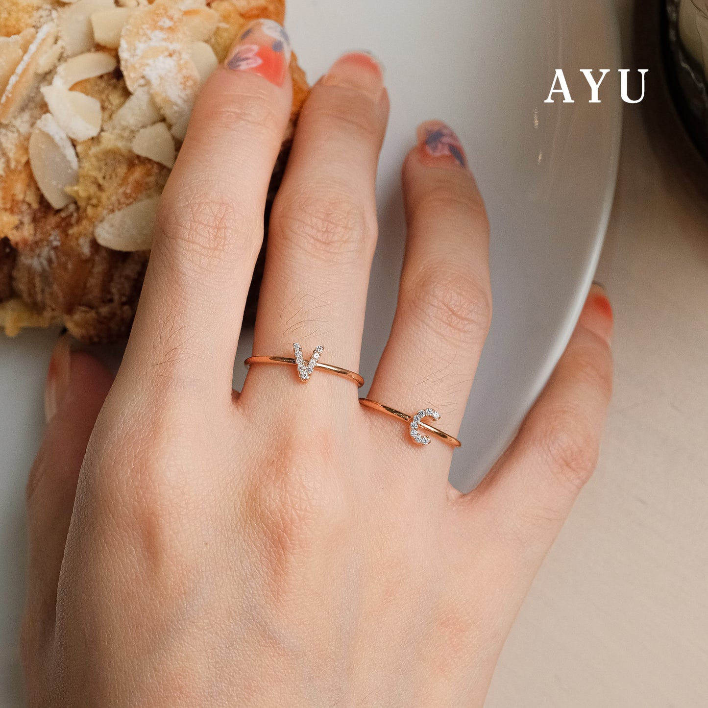 AYU Cincin Emas - Pave Initial Ring 17K Rose Gold