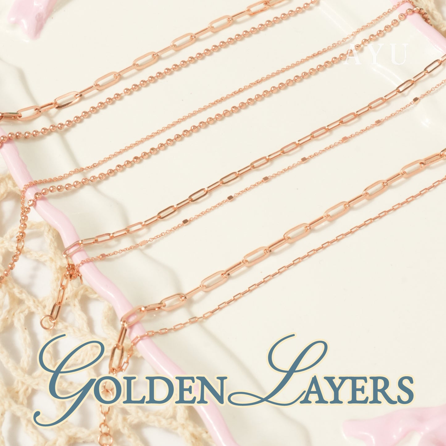 AYU Double Layer Paper Clip And Bling Beads Necklace 17k Rose Gold