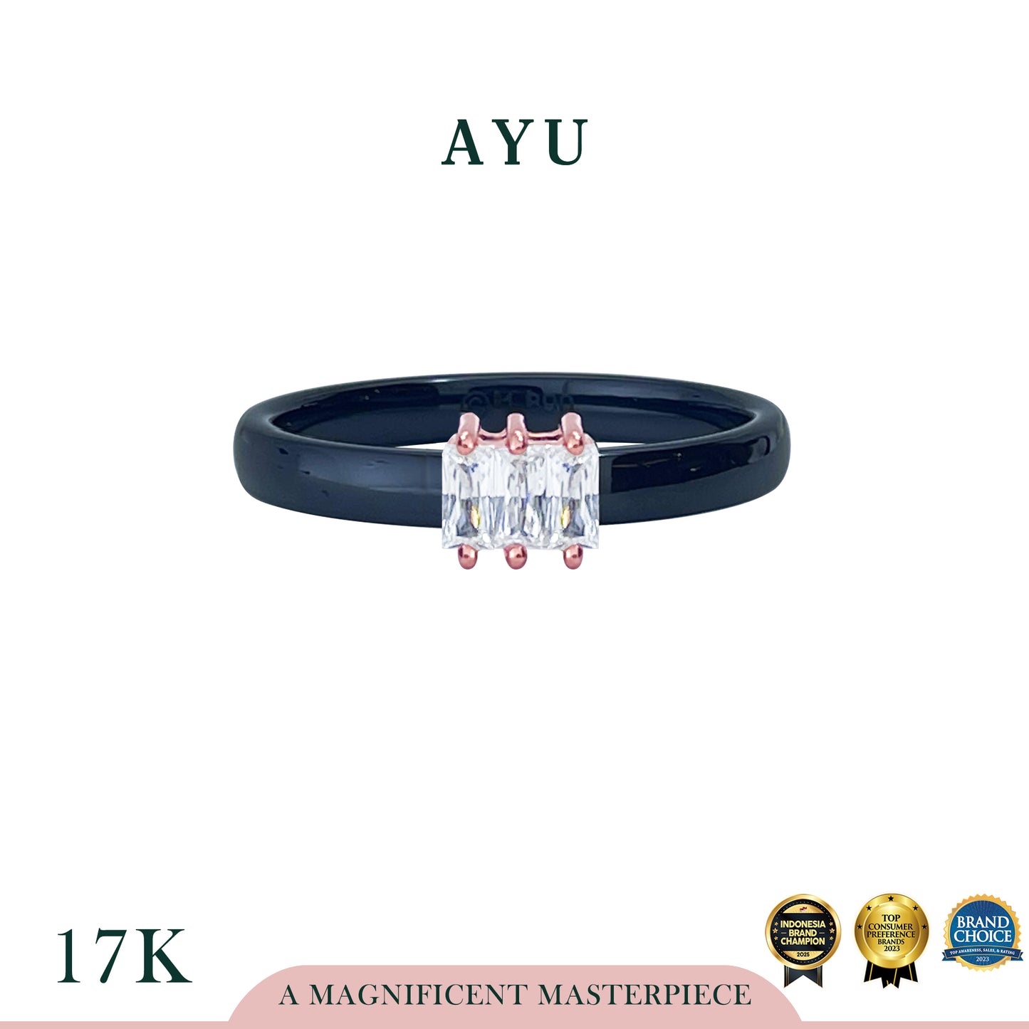 AYU Cincin Emas 3 Baguette Ceramic Ring 17k Rose Gold