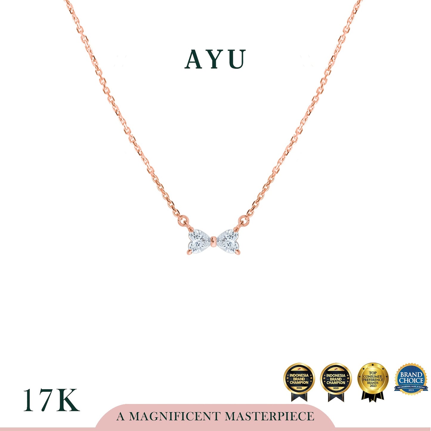 AYU Kalung Emas - Bow Hearts Chain Necklace 17k Rose Gold